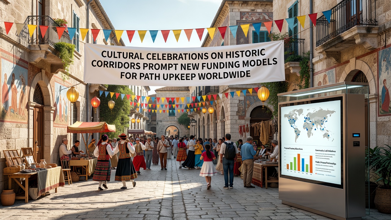 A group of visitors participating in a cultural event on a preserved historic path with informational signs and recently repaired stonework visible in the background